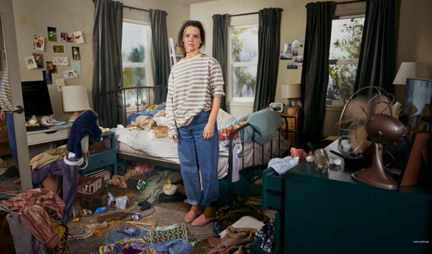 woman standing in messy room